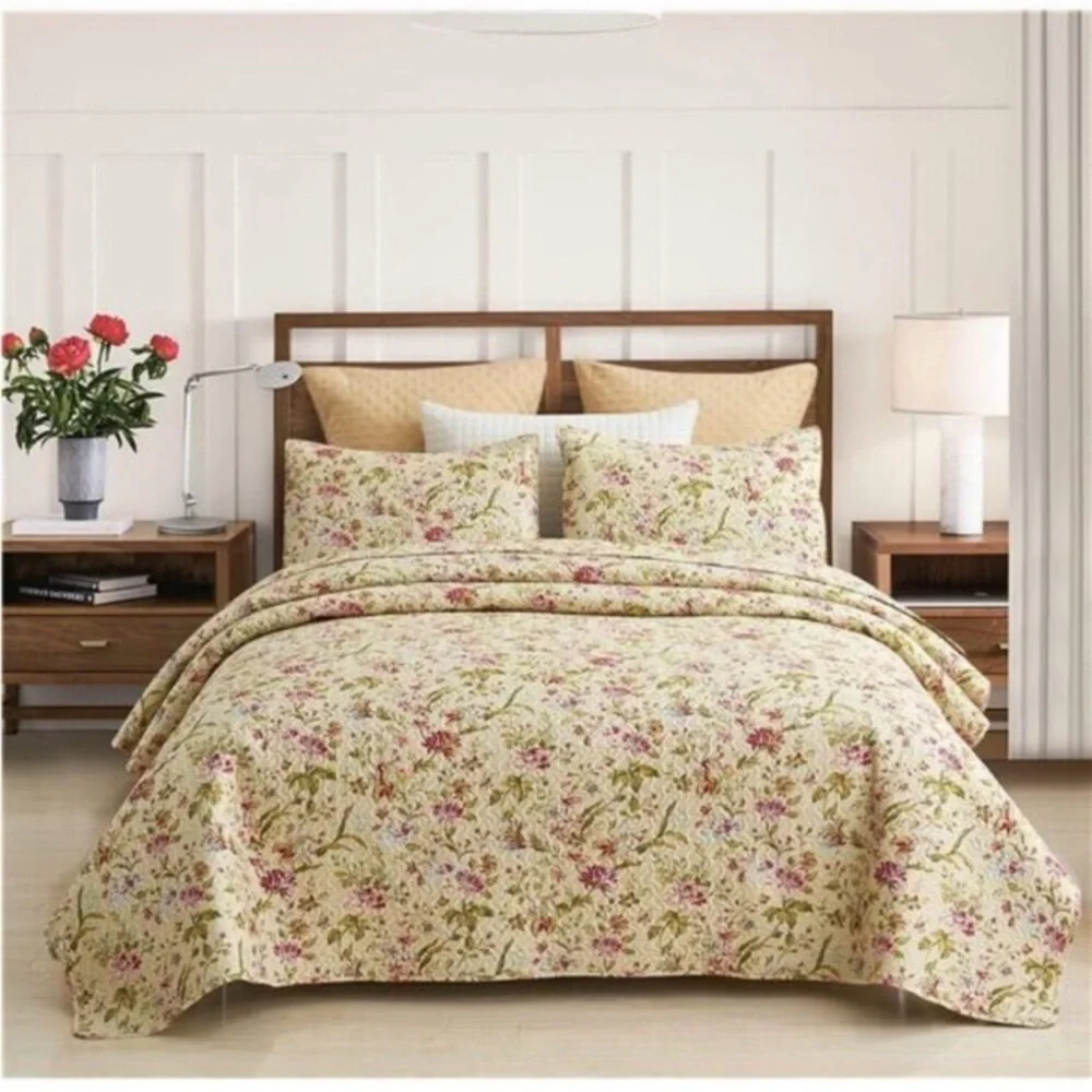 Floral Quilt Set Queen Size, Reversible Cotton Quilt Bedding Set